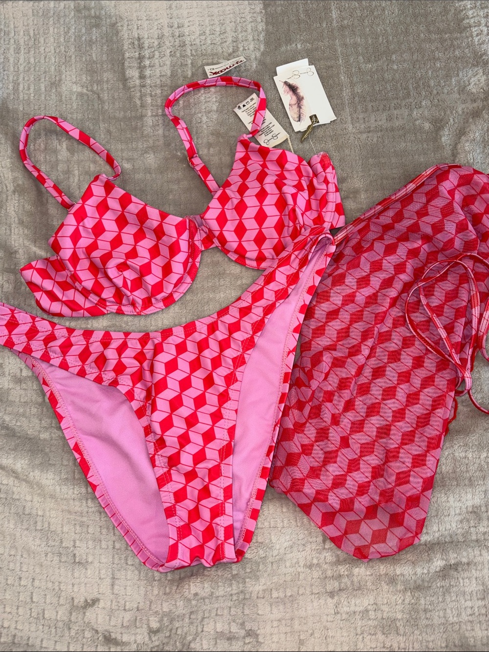 Pink Geometric Bikini Set with Cover-Up